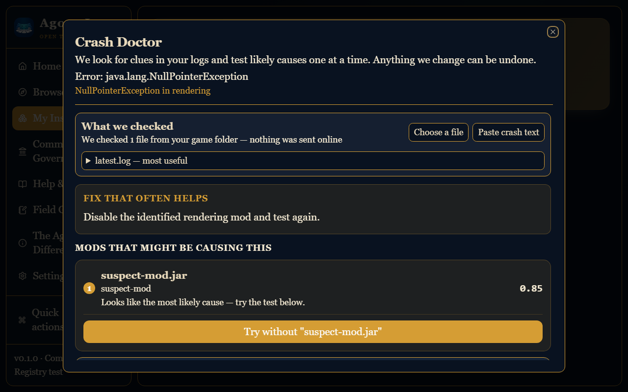Crash Doctor showing a matched signature, ranked suspects, and bounded crash evidence.