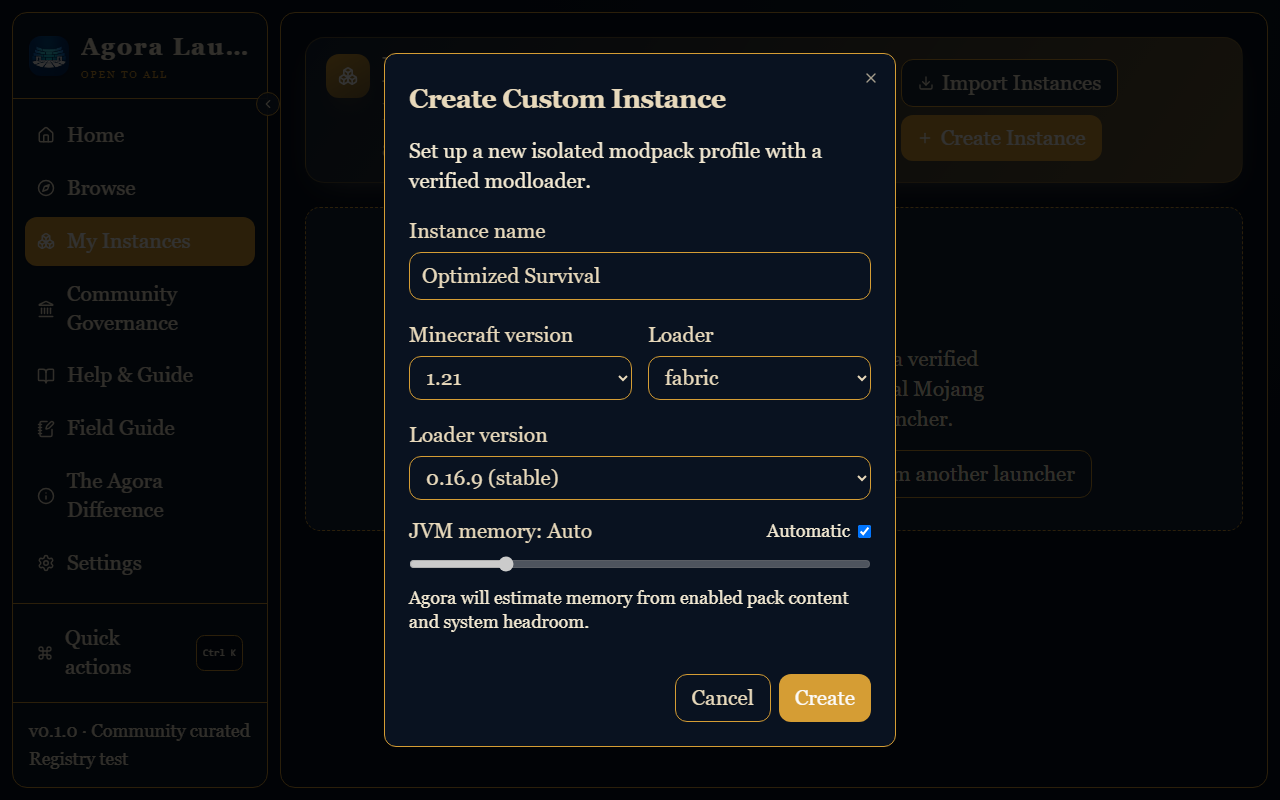 Create Custom Instance dialog showing Minecraft, loader, loader version, and memory controls.