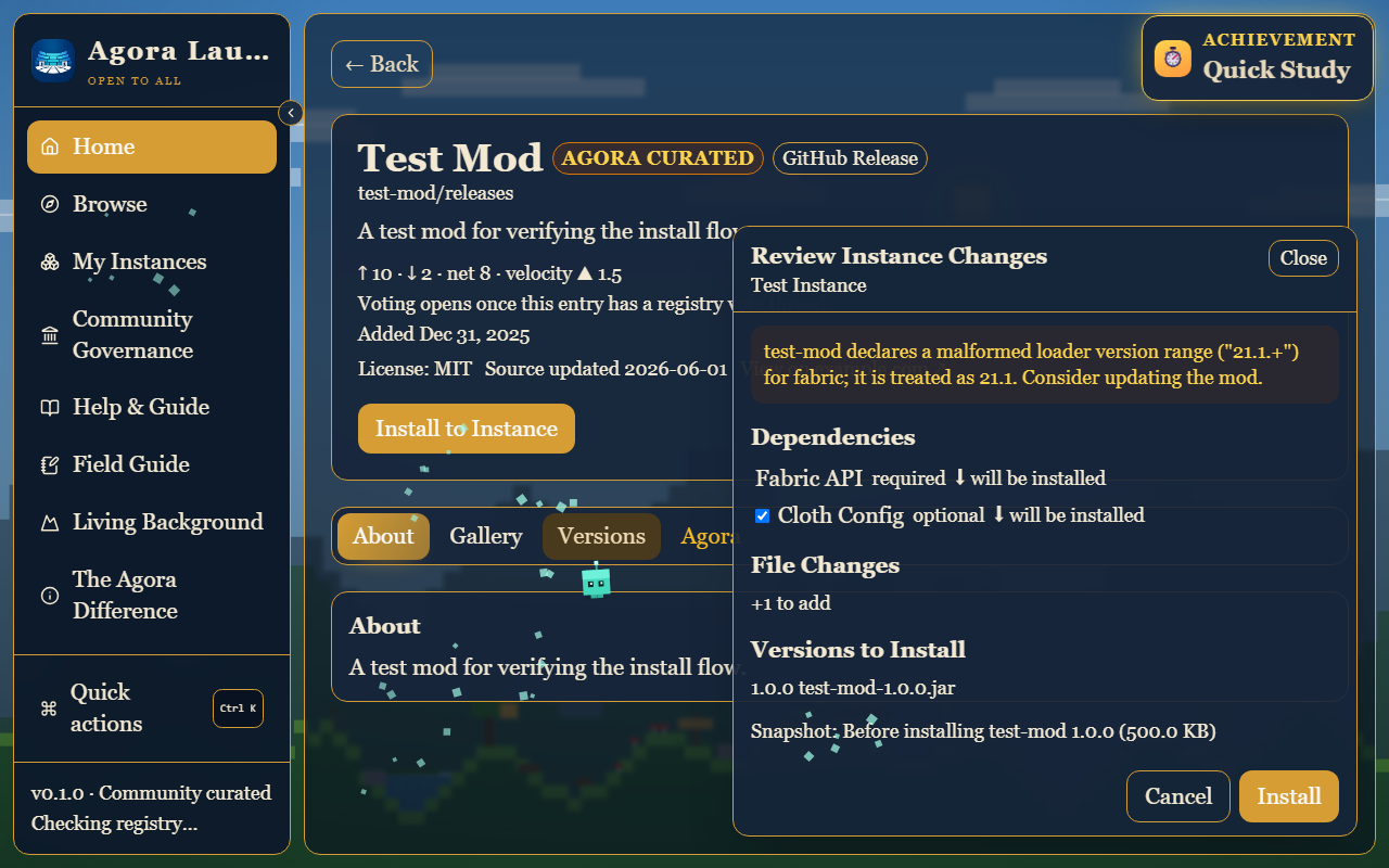 Review Instance Changes dialog showing dependencies, a warning, added files, and snapshot details.