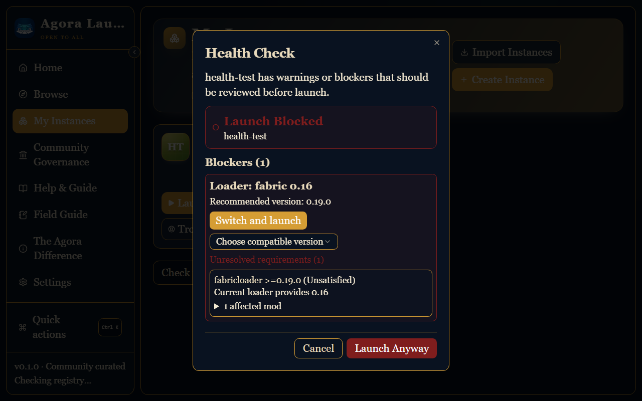 Health Check dialog showing the current loader, recommended version, and Switch and launch action.