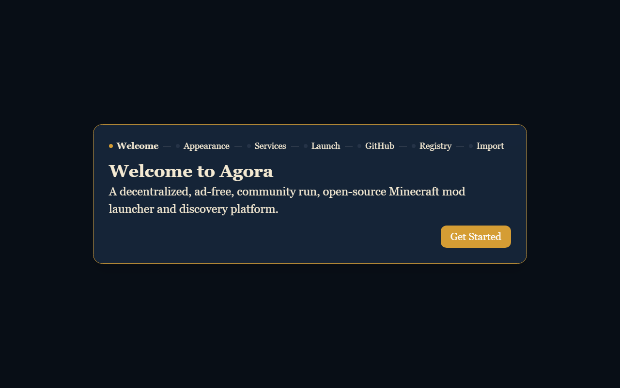Agora welcome screen with the Get Started button and onboarding summary.